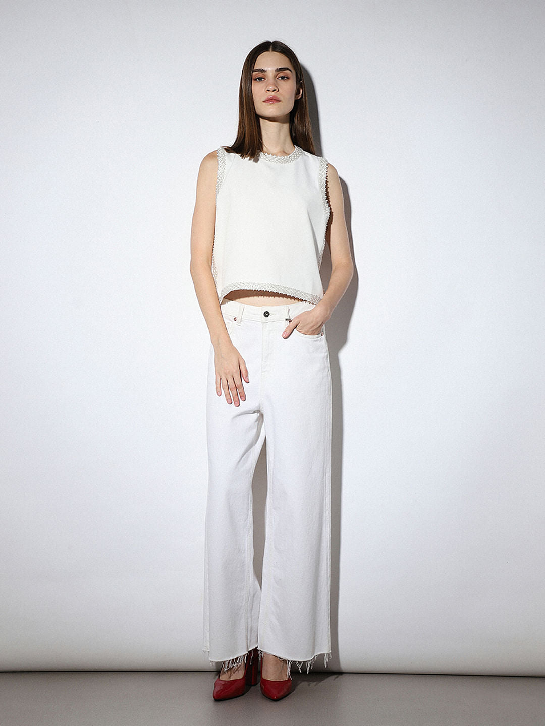 White Bead Embellished Top