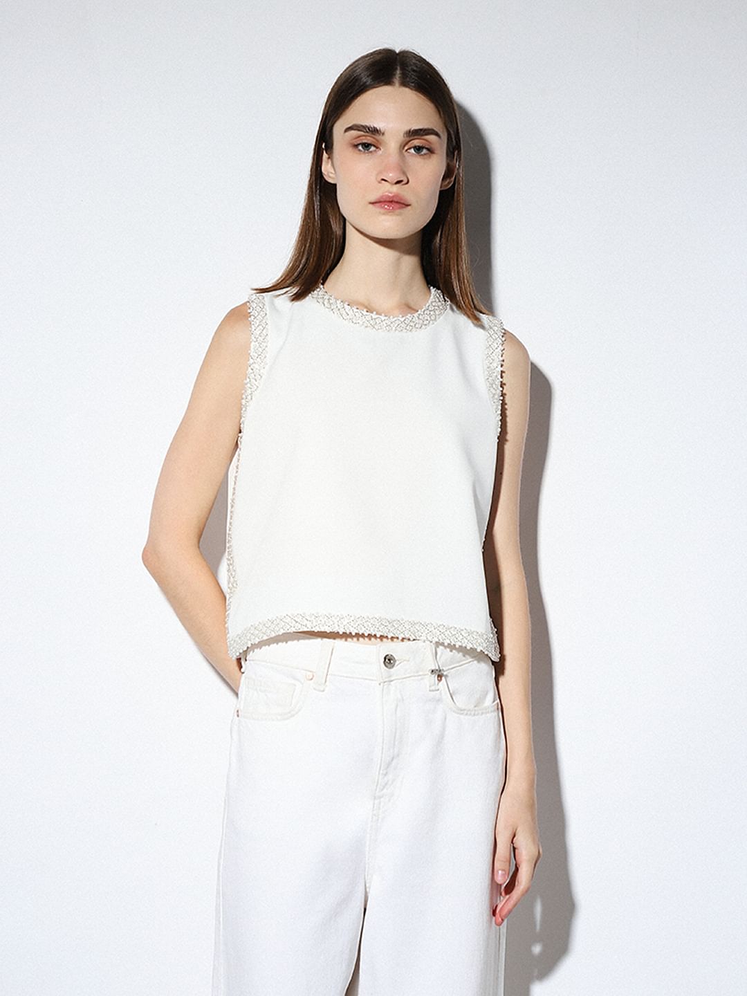 White Bead Embellished Top