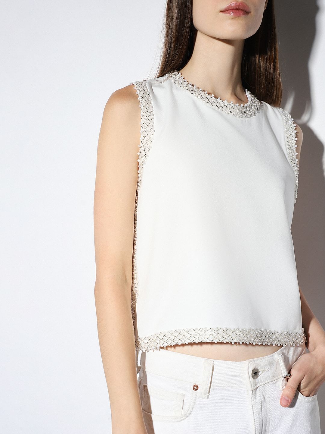 White Bead Embellished Top