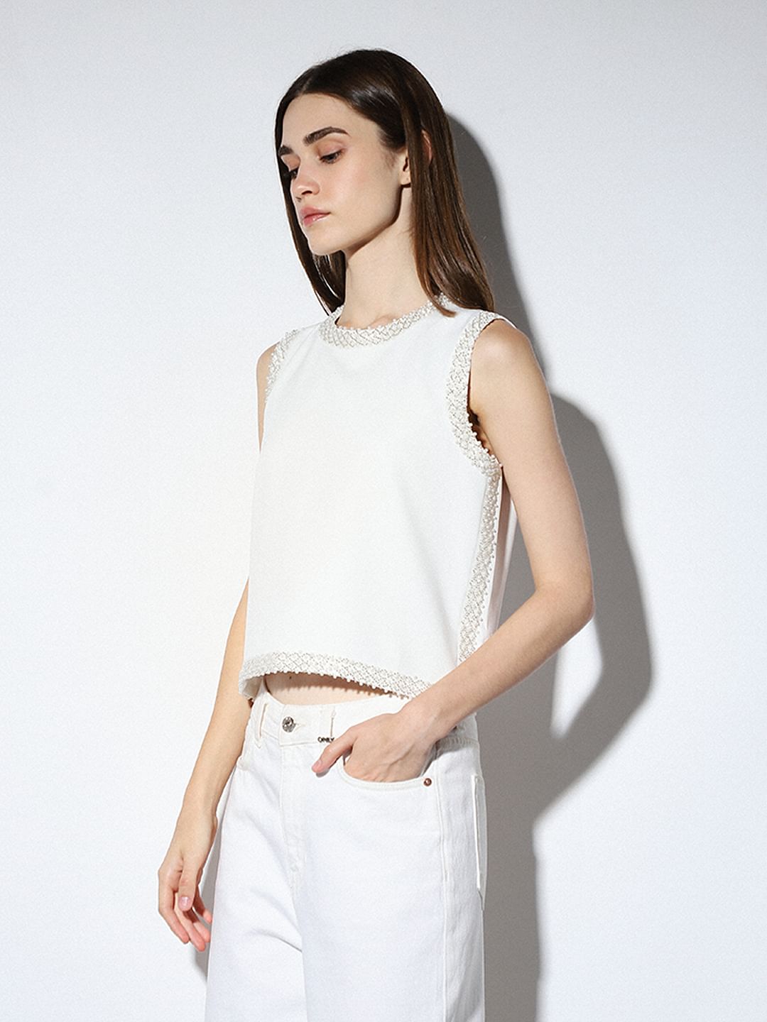 White Bead Embellished Top