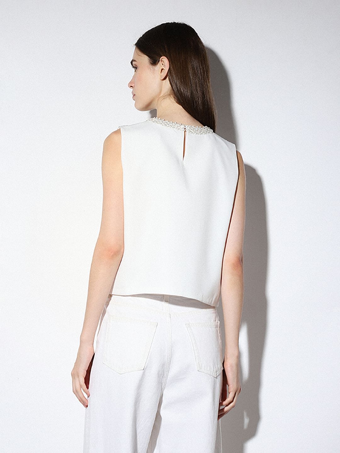 White Bead Embellished Top