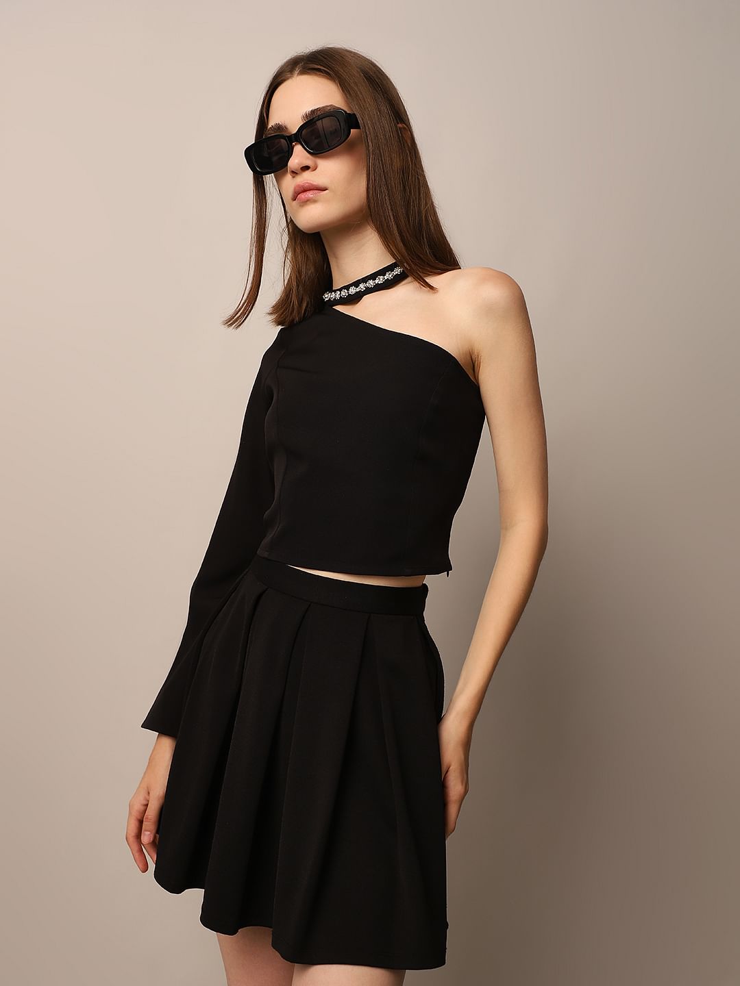 Black Embellished One Shoulder Top