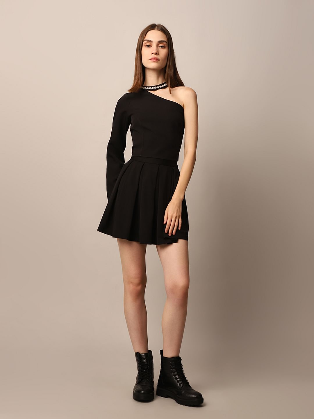 Black Embellished One Shoulder Top