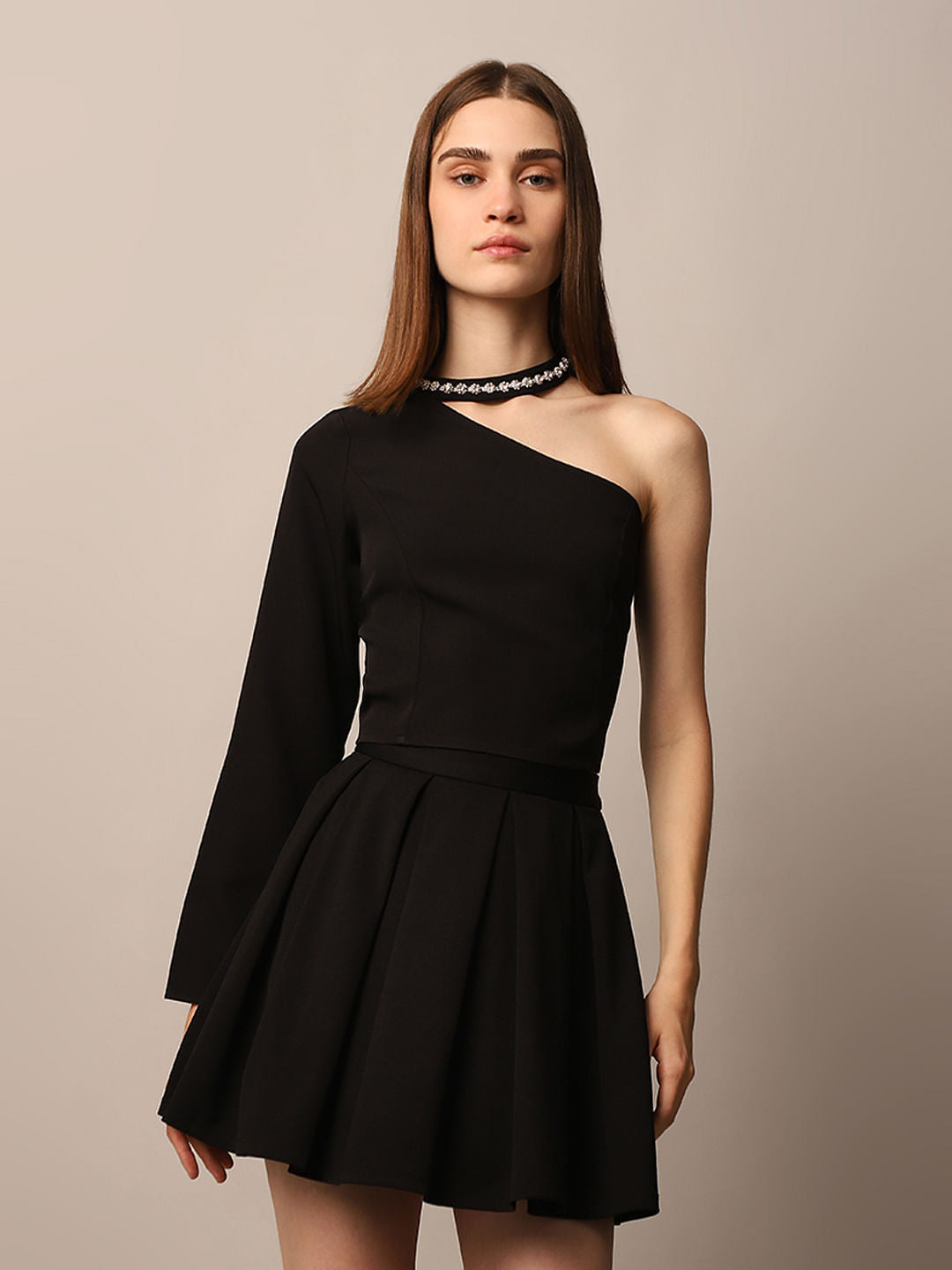 Black Embellished One Shoulder Top