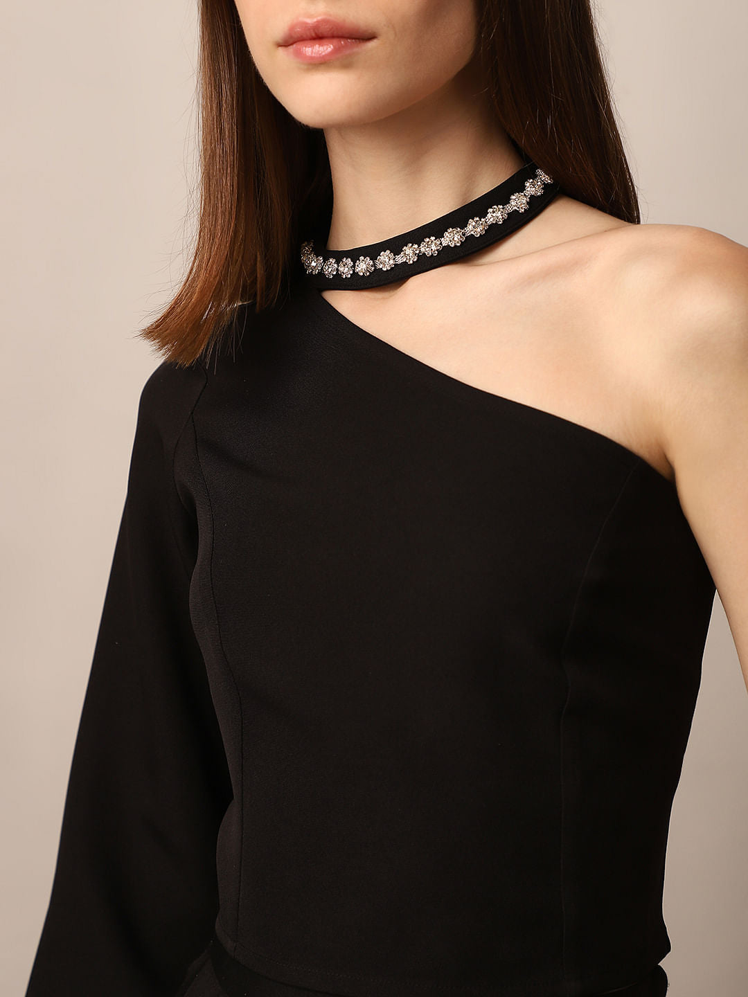 Black Embellished One Shoulder Top