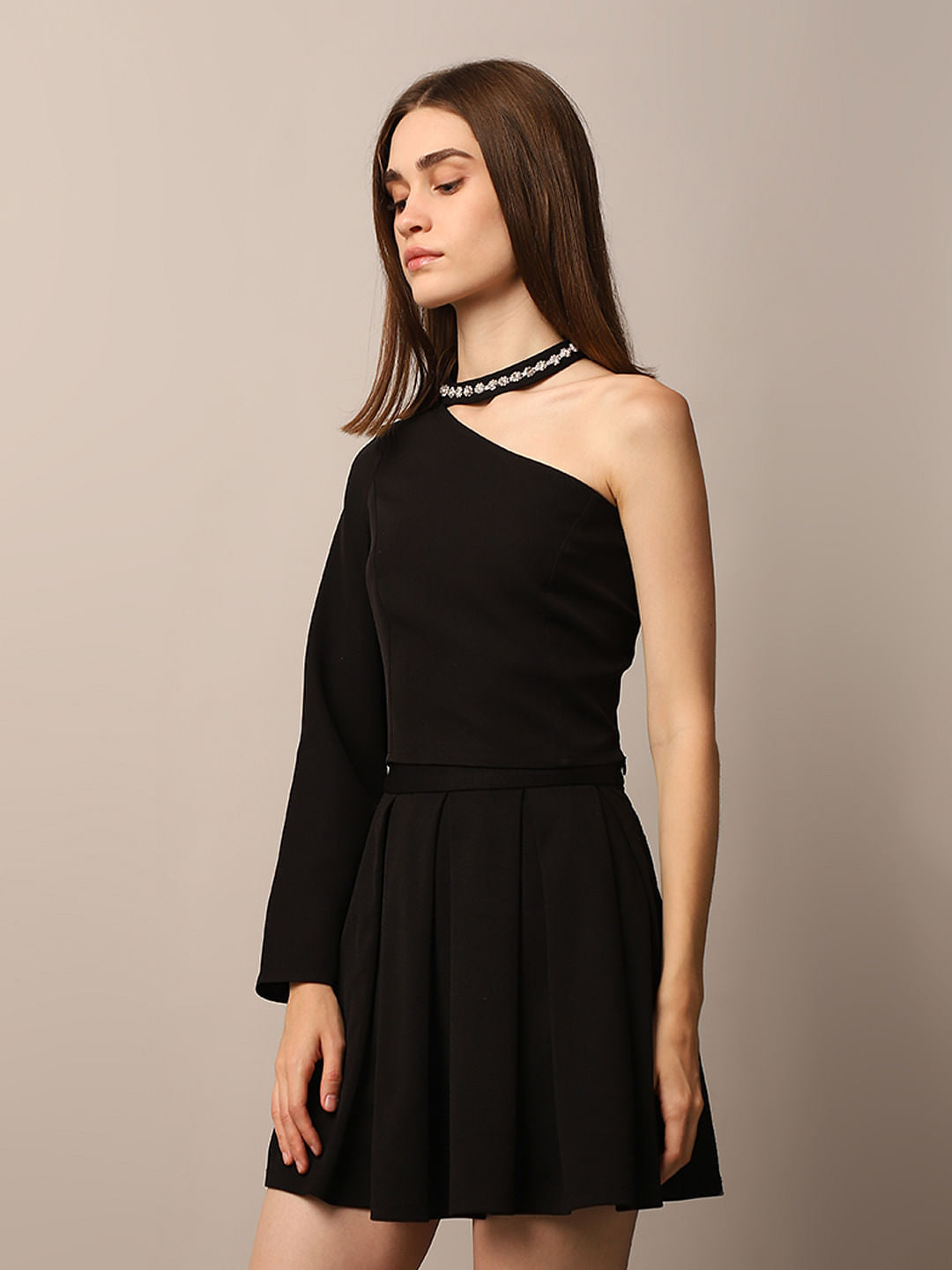 Black Embellished One Shoulder Top