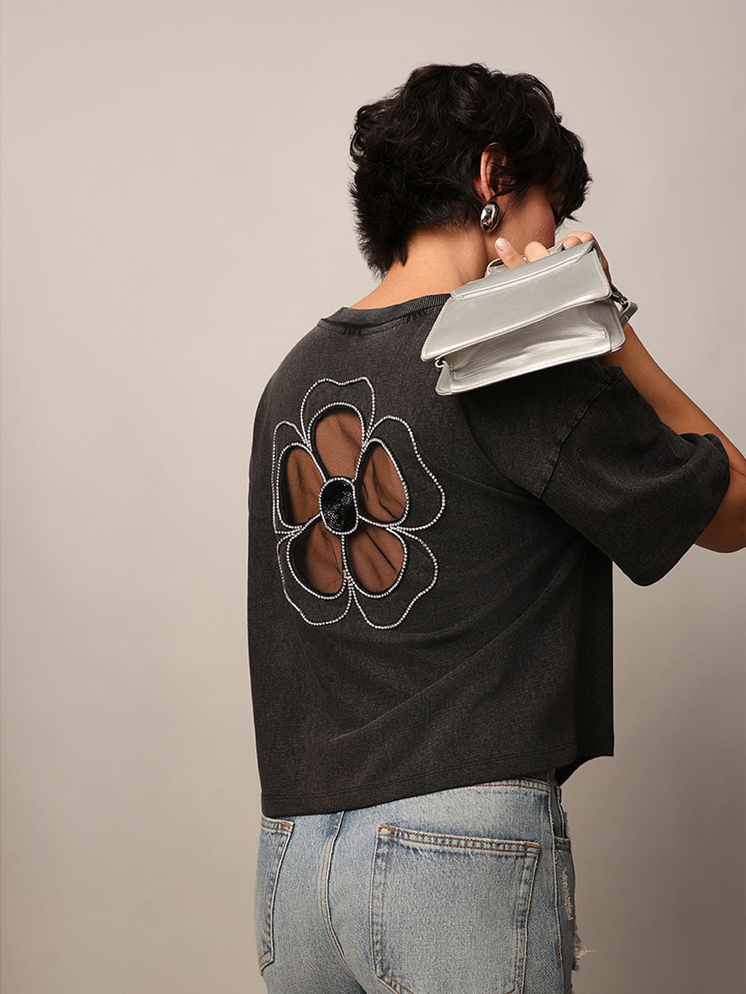 Black Rhinestone Detail T-Shirt