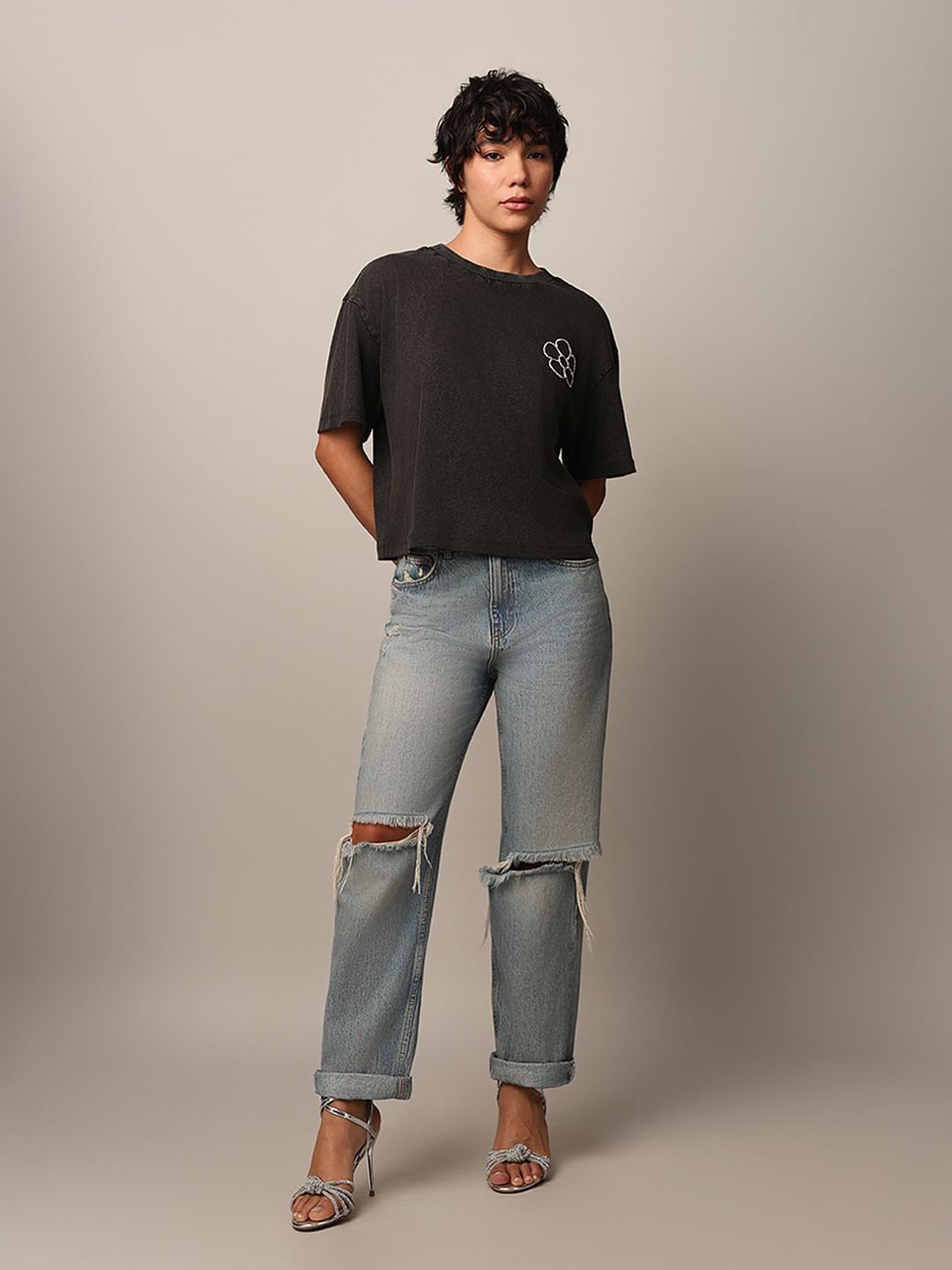 Black Rhinestone Detail T-Shirt