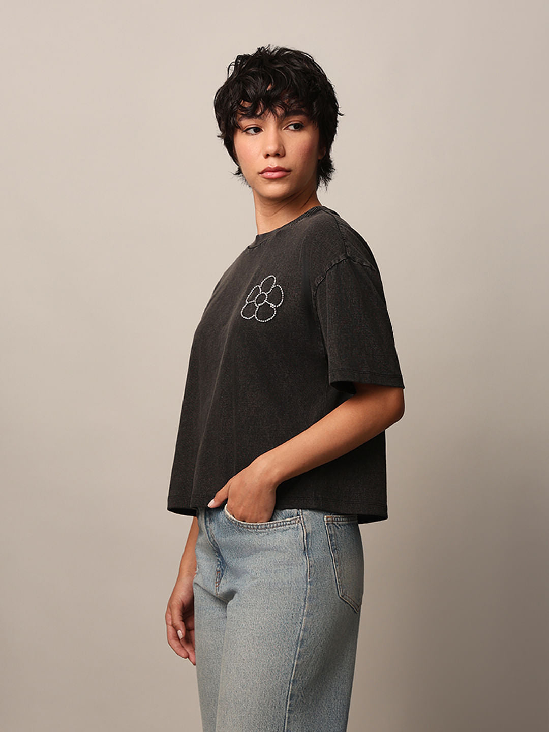 Black Rhinestone Detail T-Shirt