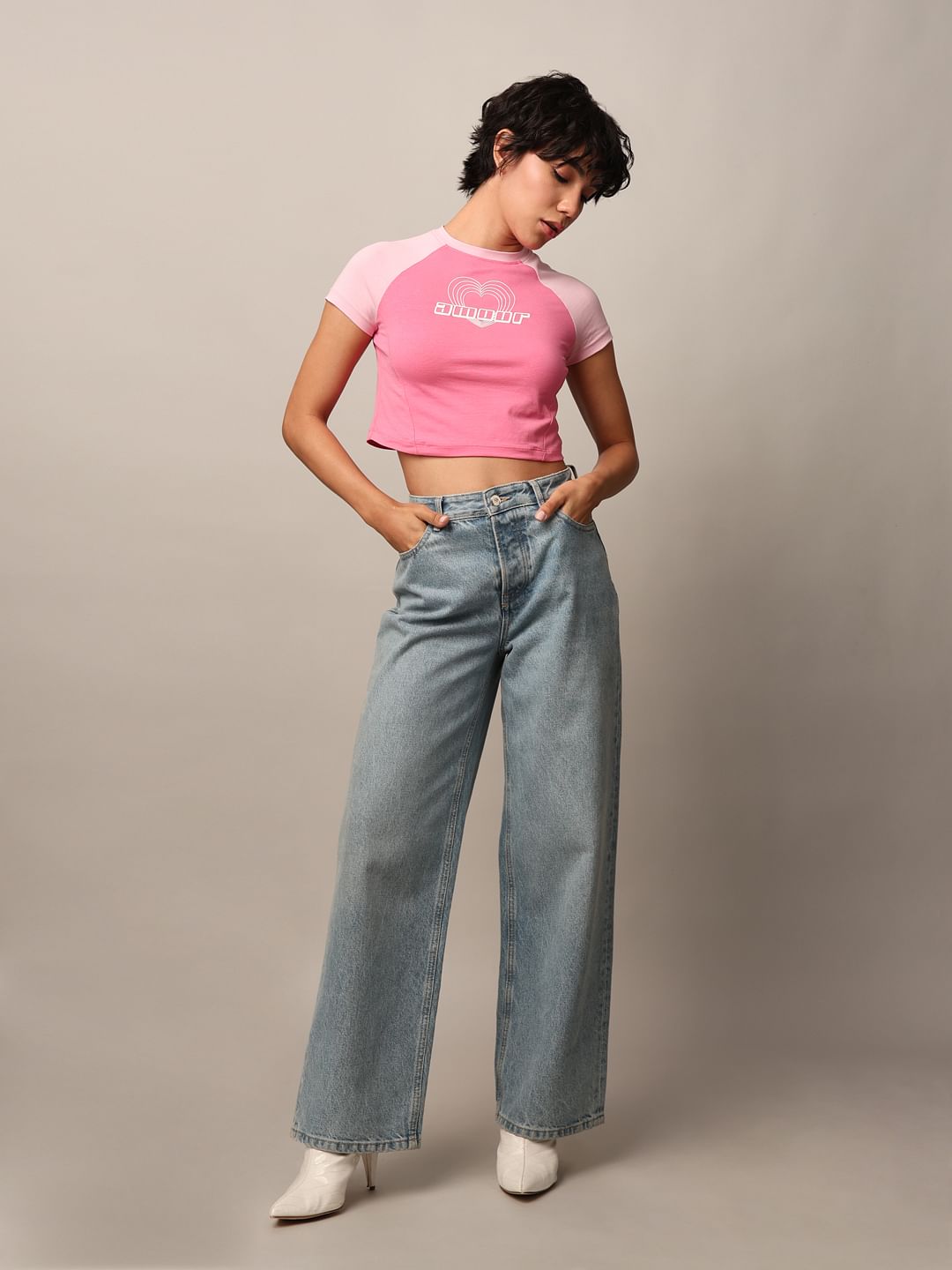 Pink Printed Cropped T-Shirt