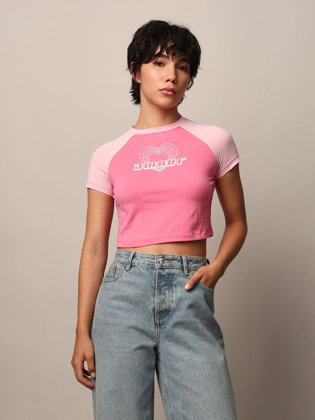 Pink Printed Cropped T-Shirt