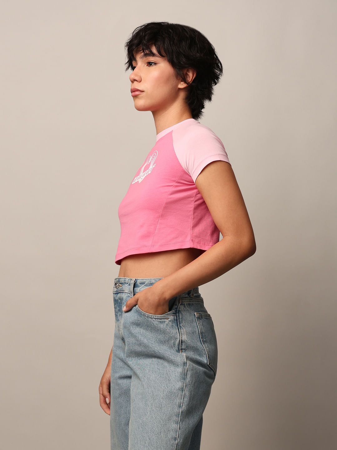 Pink Printed Cropped T-Shirt