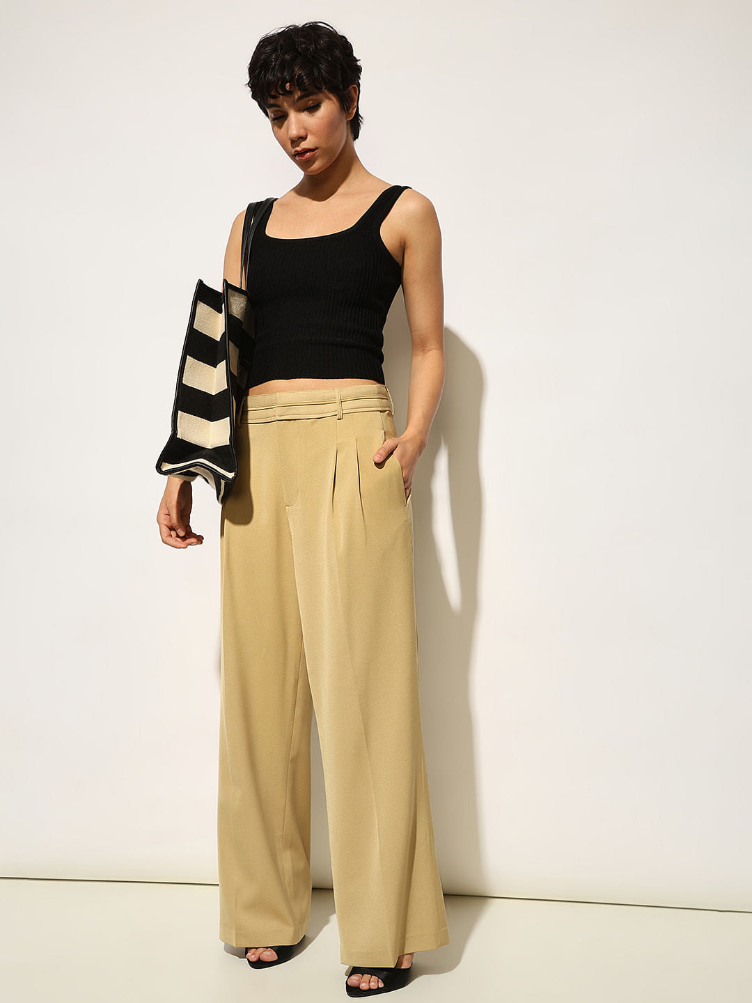 Khaki Tailored Wide Leg Pants