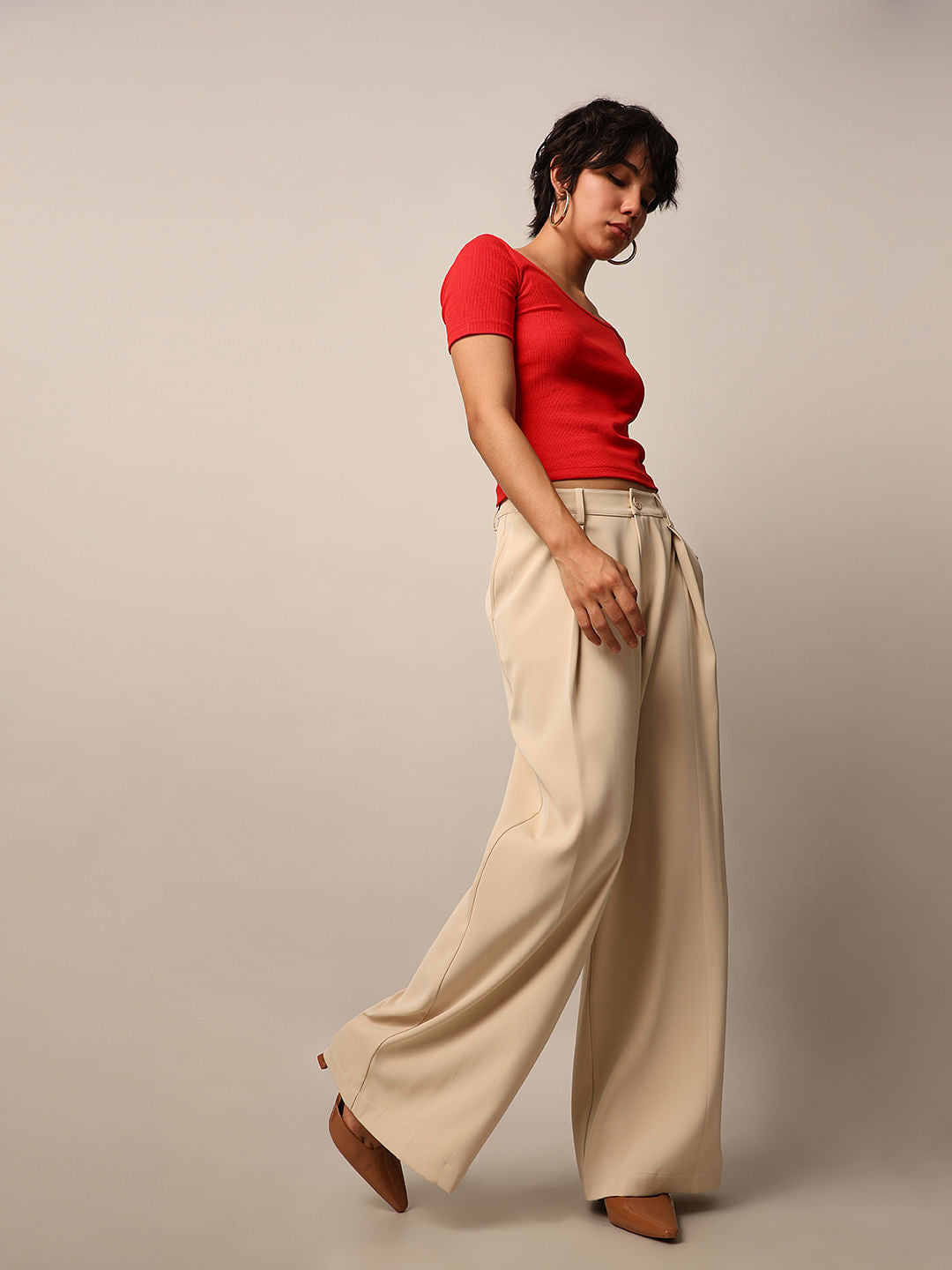 Beige Tailored Wide Leg Pants