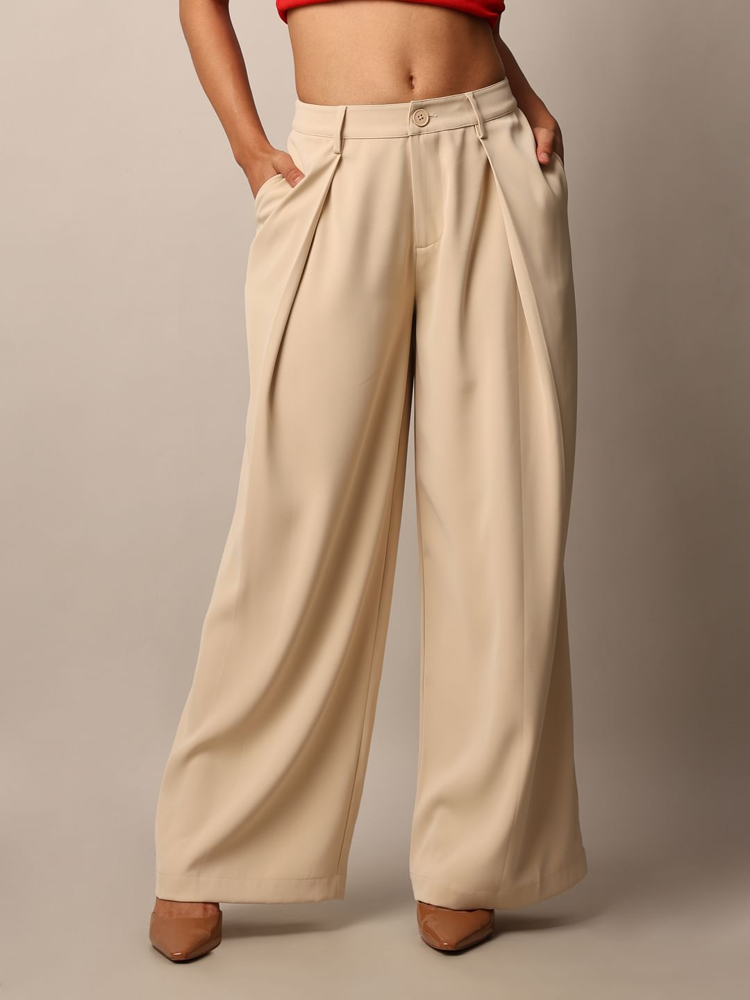 Beige Tailored Wide Leg Pants