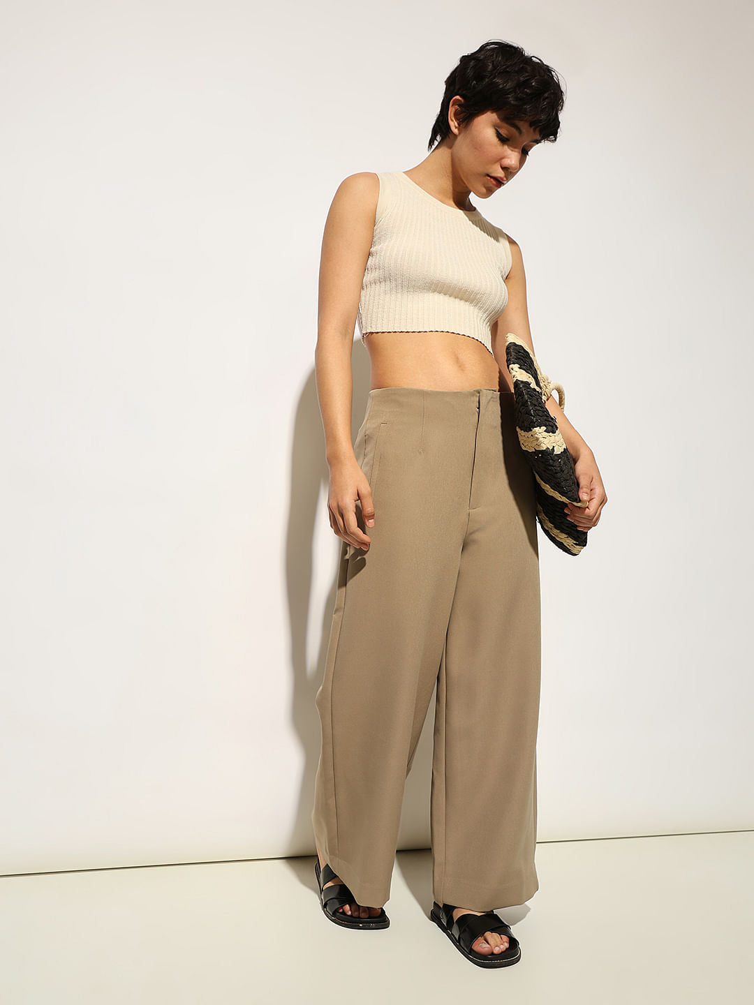 Beige Mid Rise Loose Fit Culottes