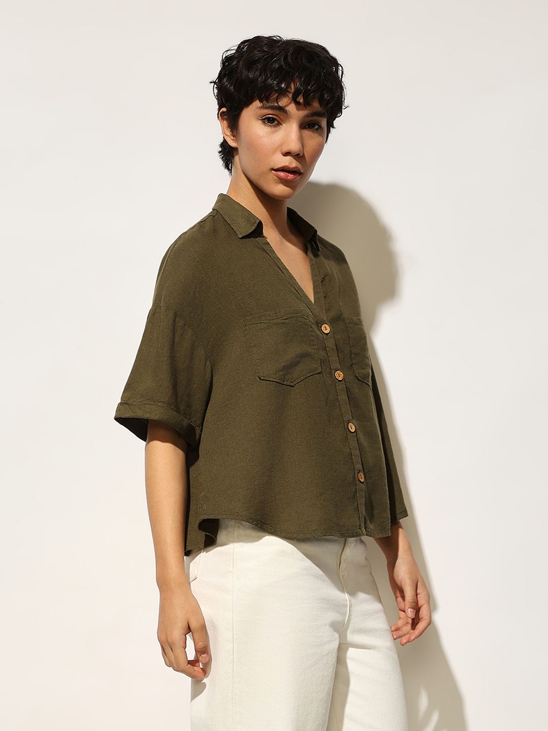 Olive Linen Oversized Shirt