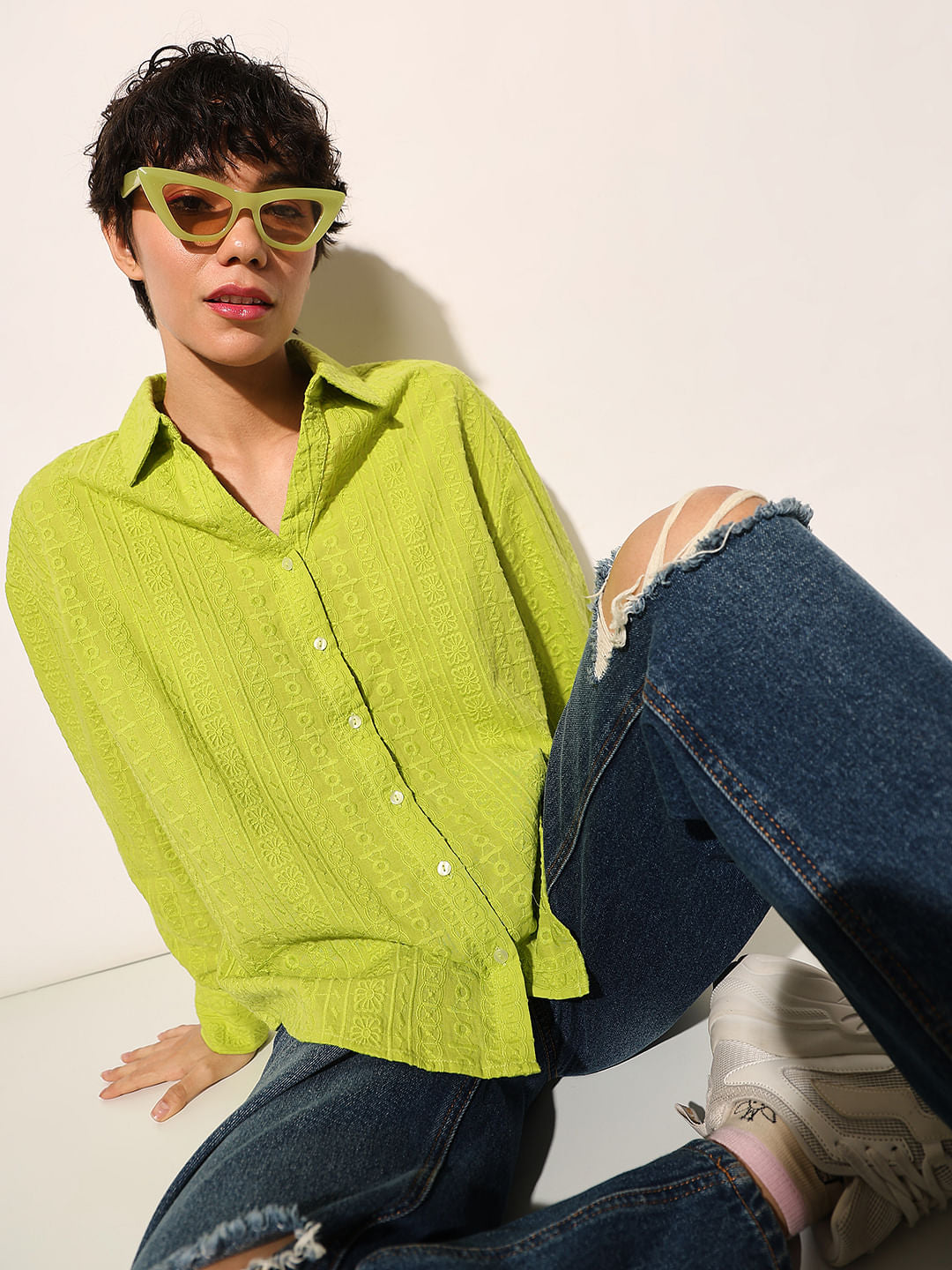 Green Embroidered Cotton Shirt