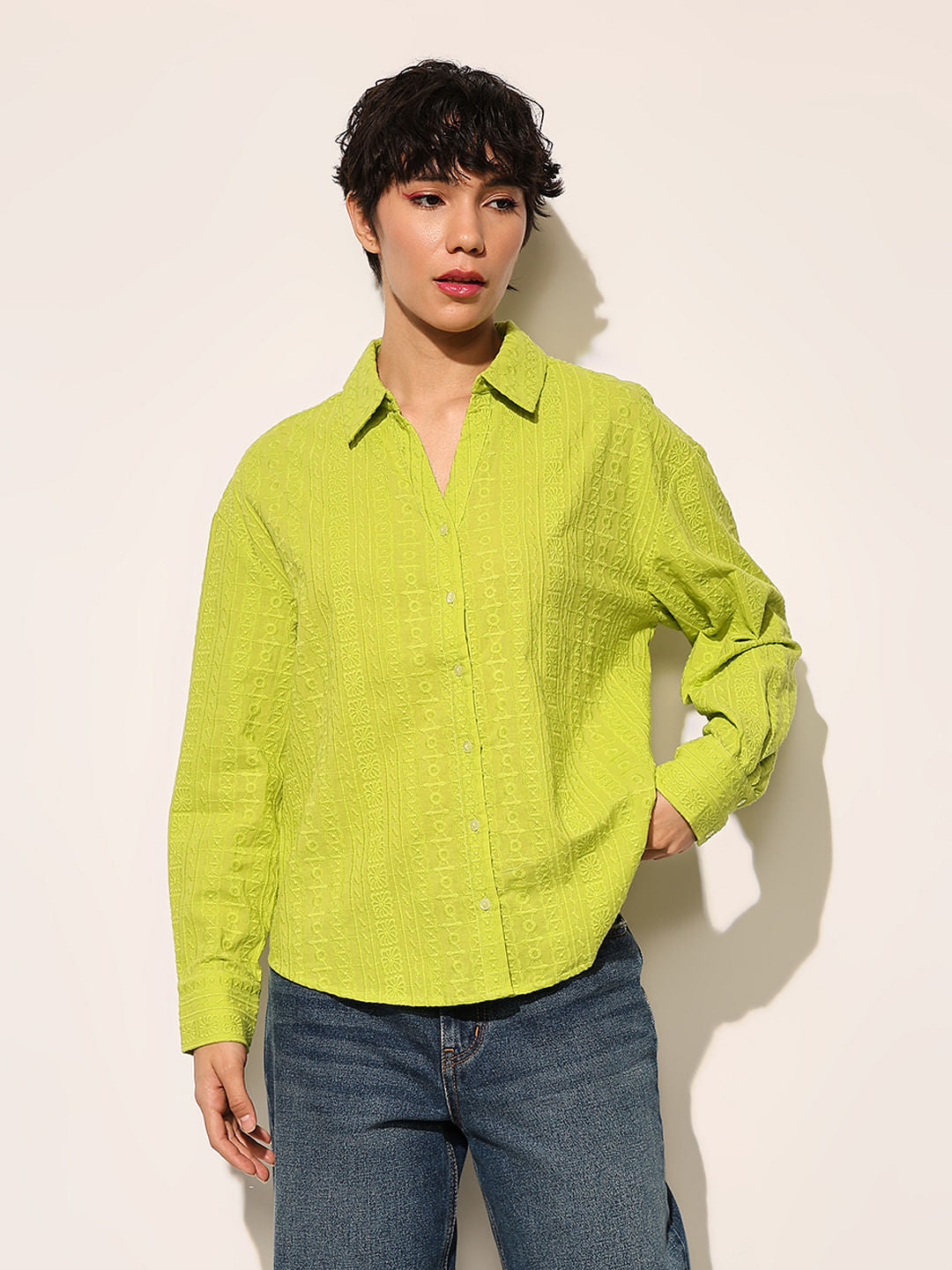 Green Embroidered Cotton Shirt