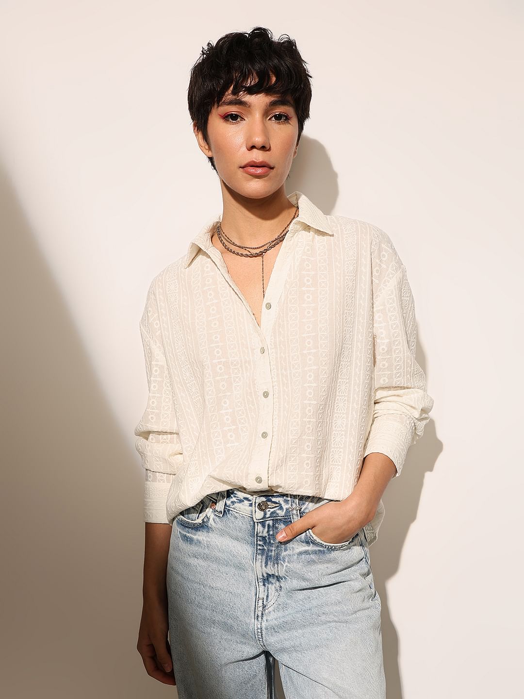 White Embroidered Cotton Shirt