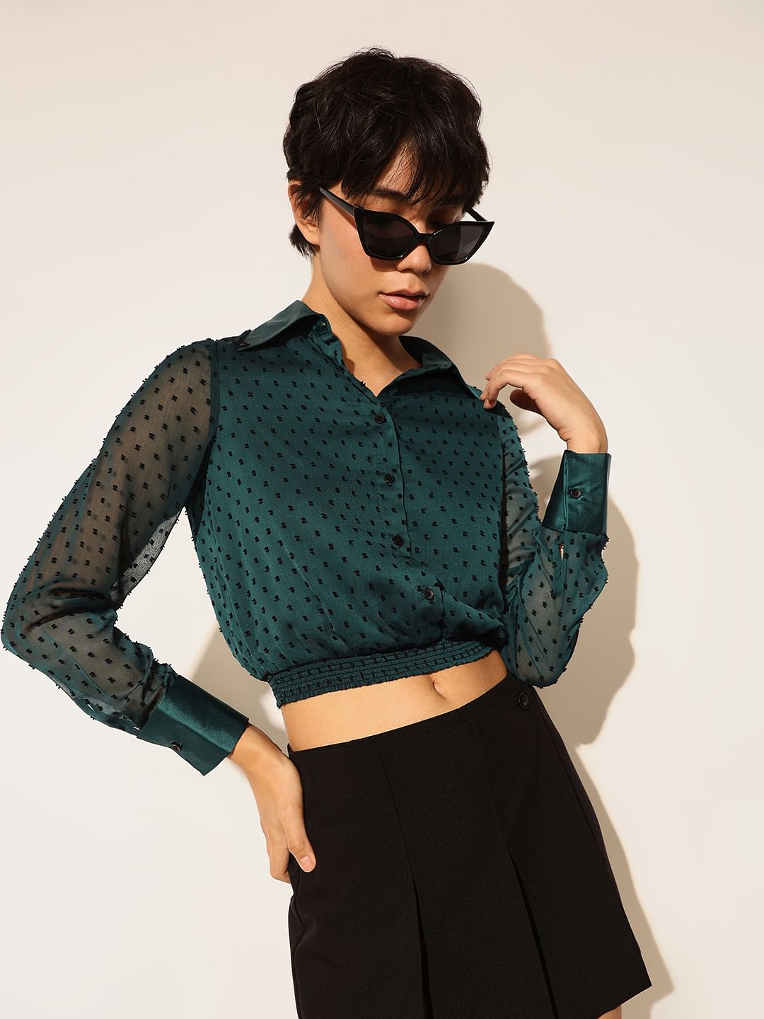 Dark Green Embroidered Cropped Shirt