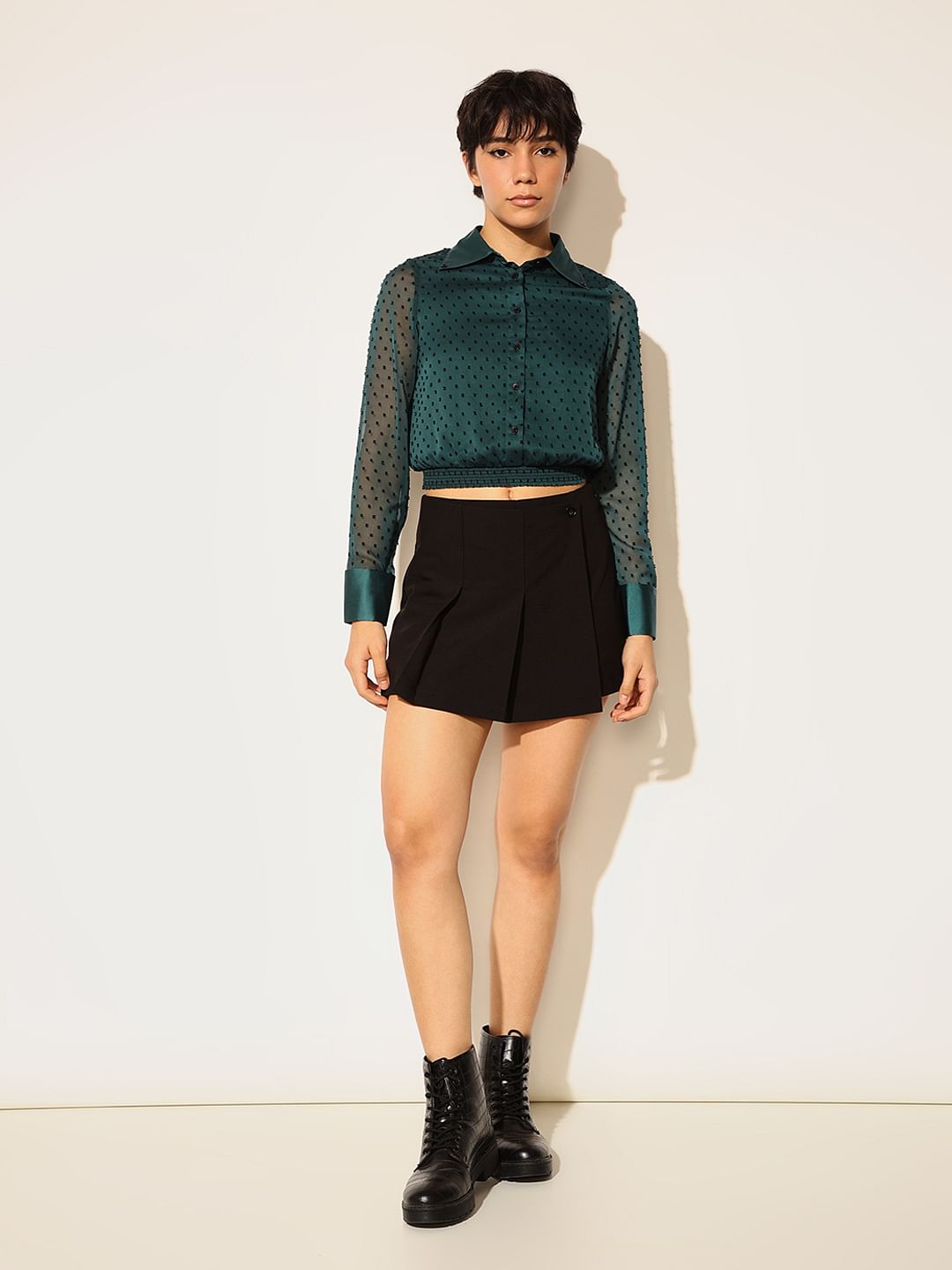 Dark Green Embroidered Cropped Shirt