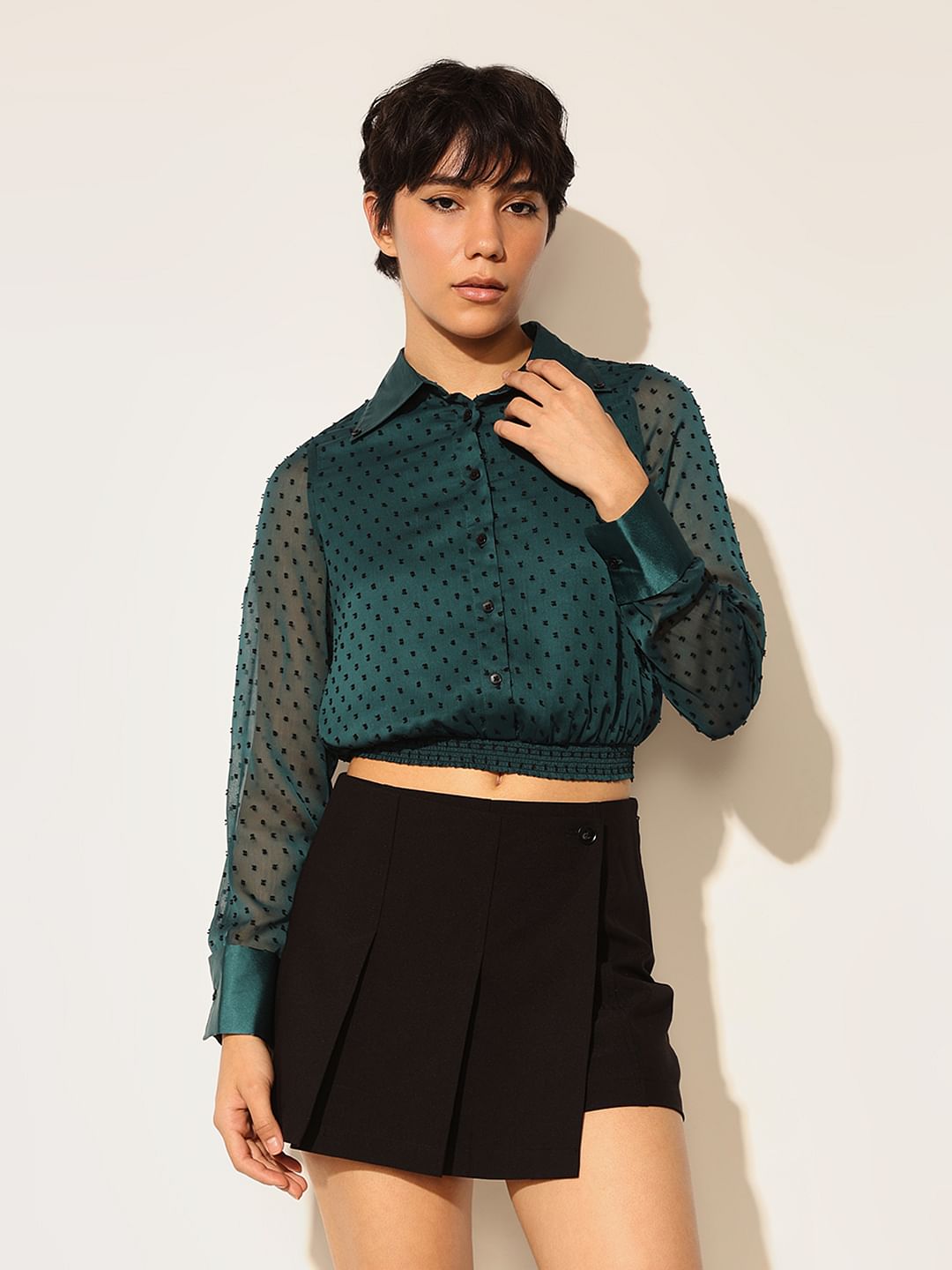 Dark Green Embroidered Cropped Shirt