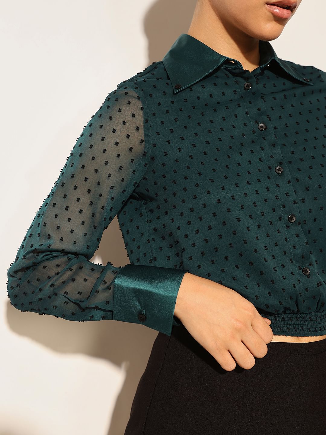 Dark Green Embroidered Cropped Shirt