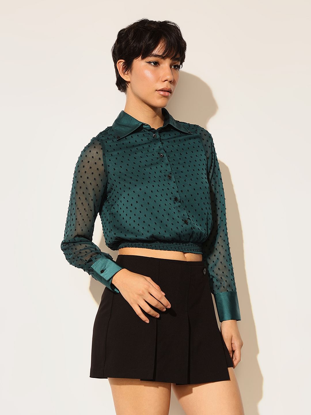 Dark Green Embroidered Cropped Shirt