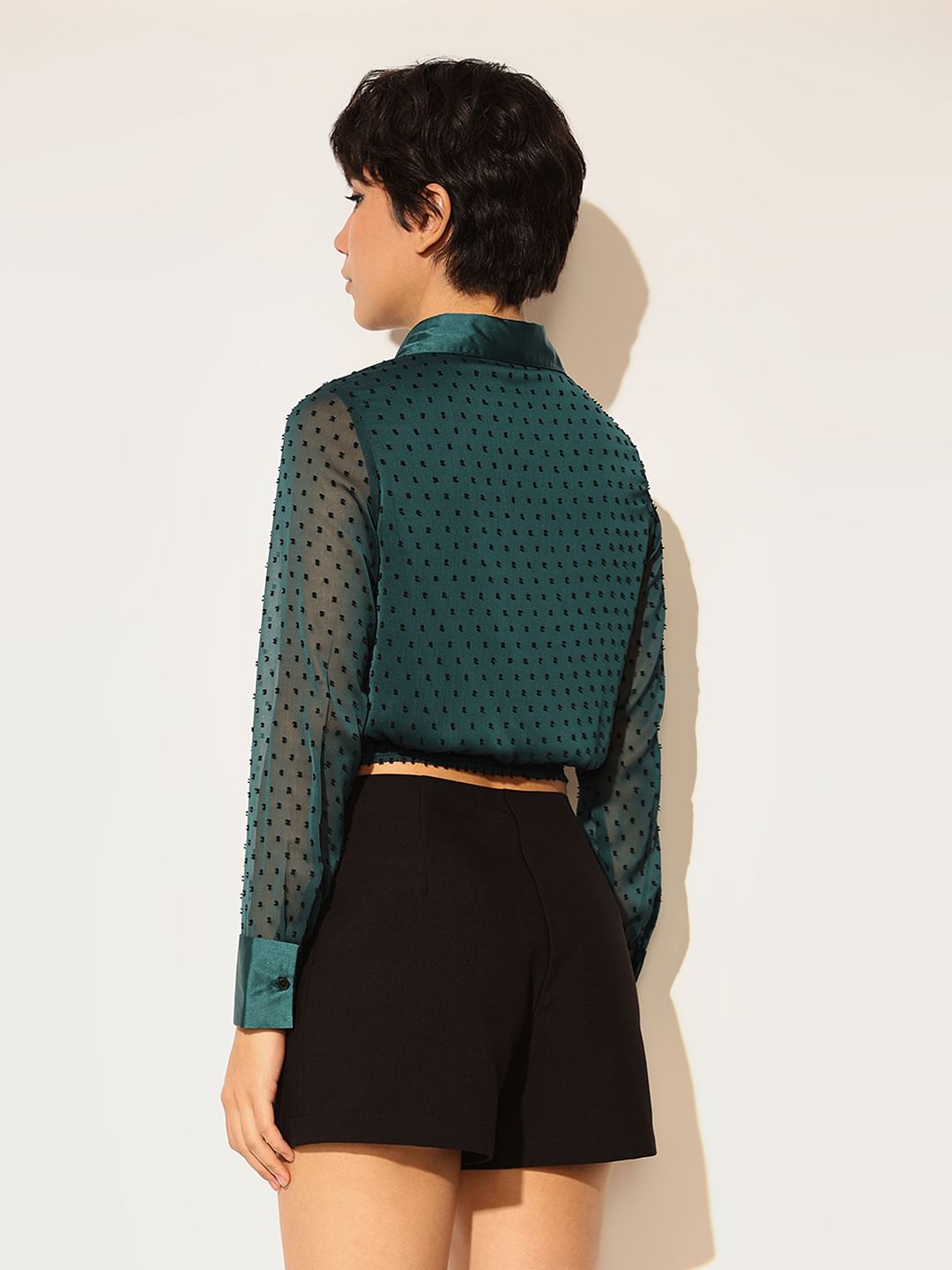 Dark Green Embroidered Cropped Shirt