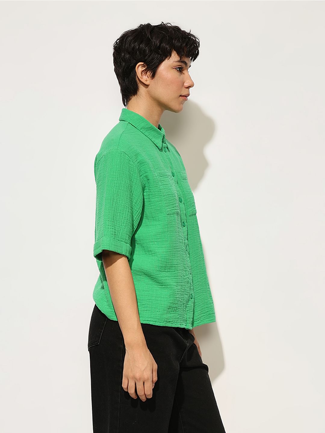 Green Crinkle Weave Cotton Shirt