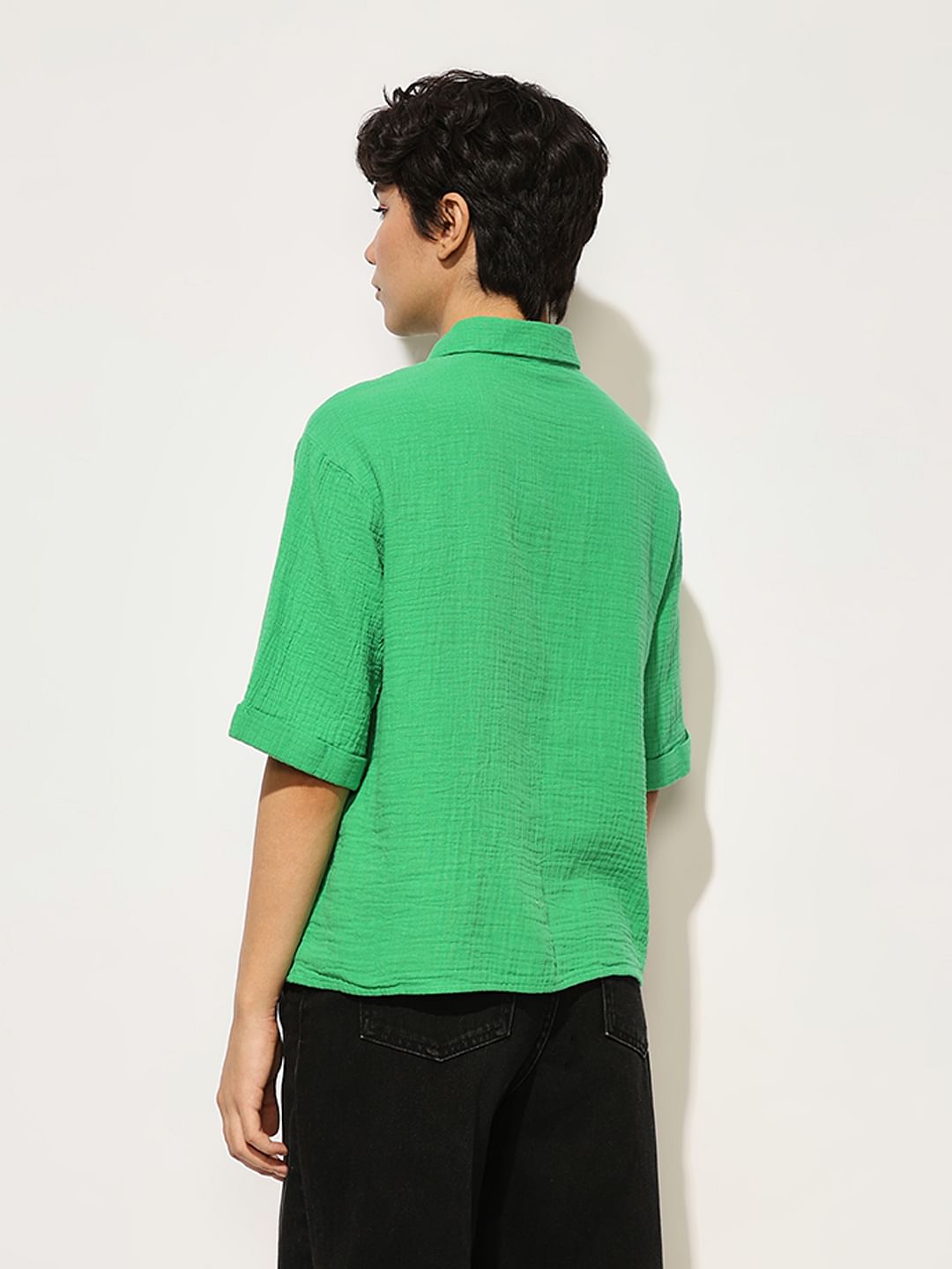 Green Crinkle Weave Cotton Shirt