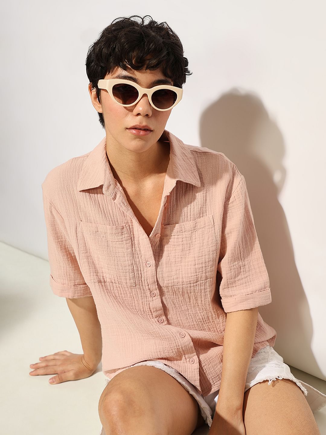 Pink Crinkle Weave Cotton Shirt