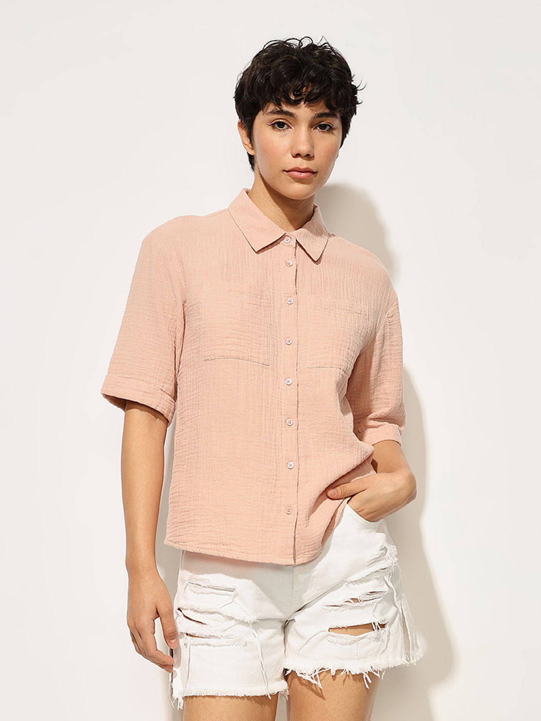 Pink Crinkle Weave Cotton Shirt