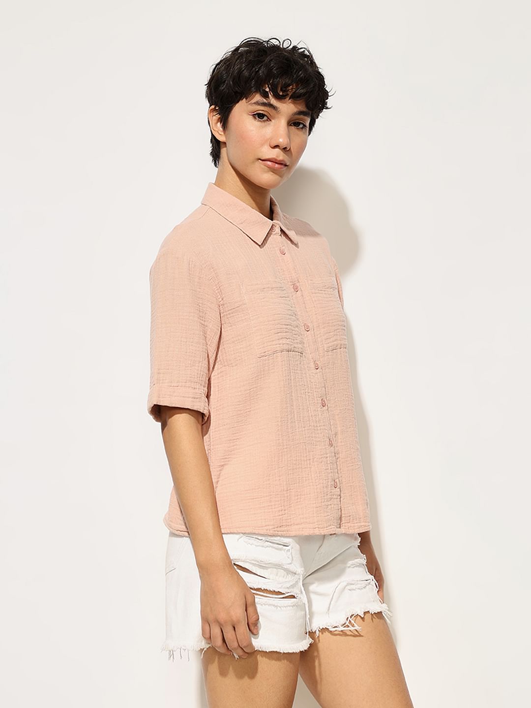 Pink Crinkle Weave Cotton Shirt