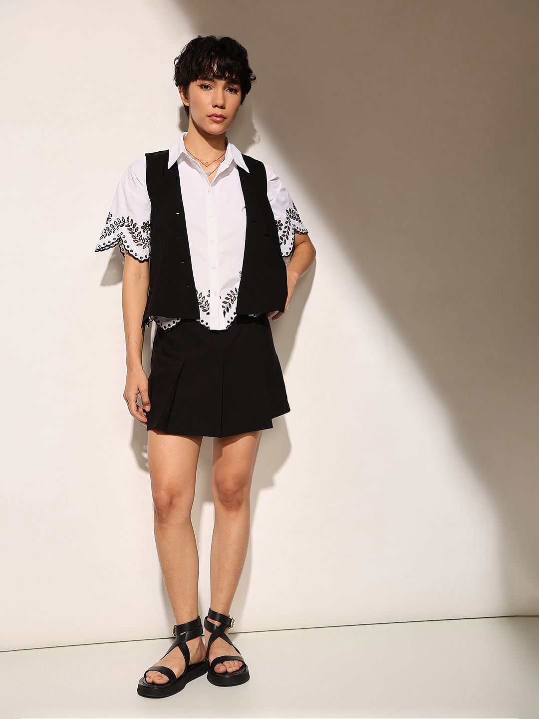 White Embroidered Cropped Shirt