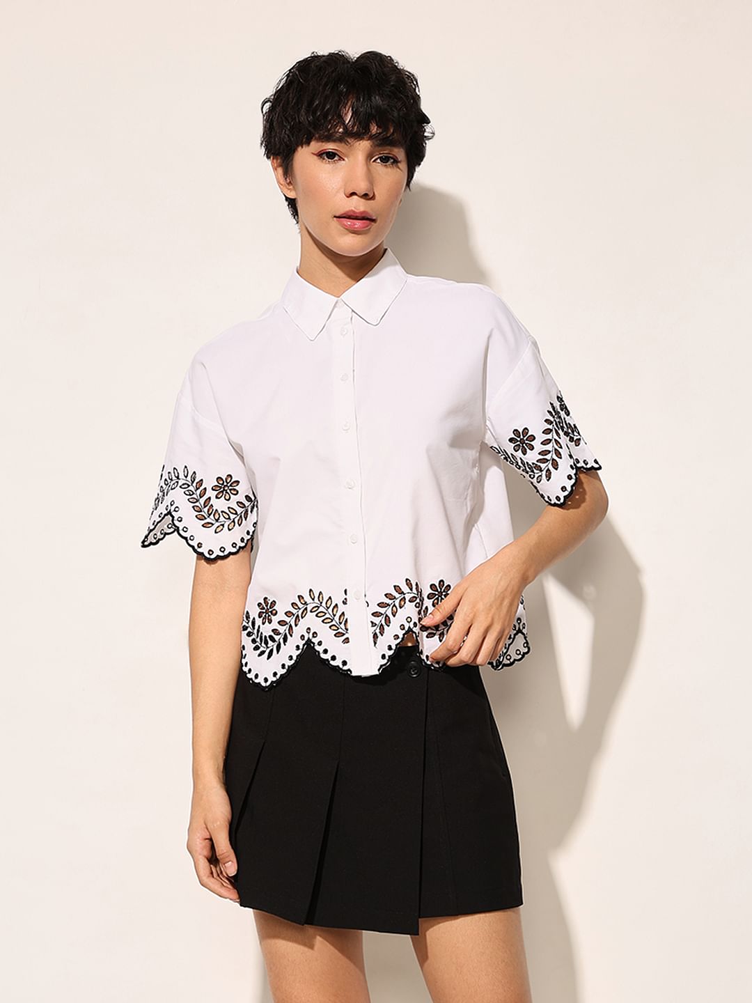 White Embroidered Cropped Shirt