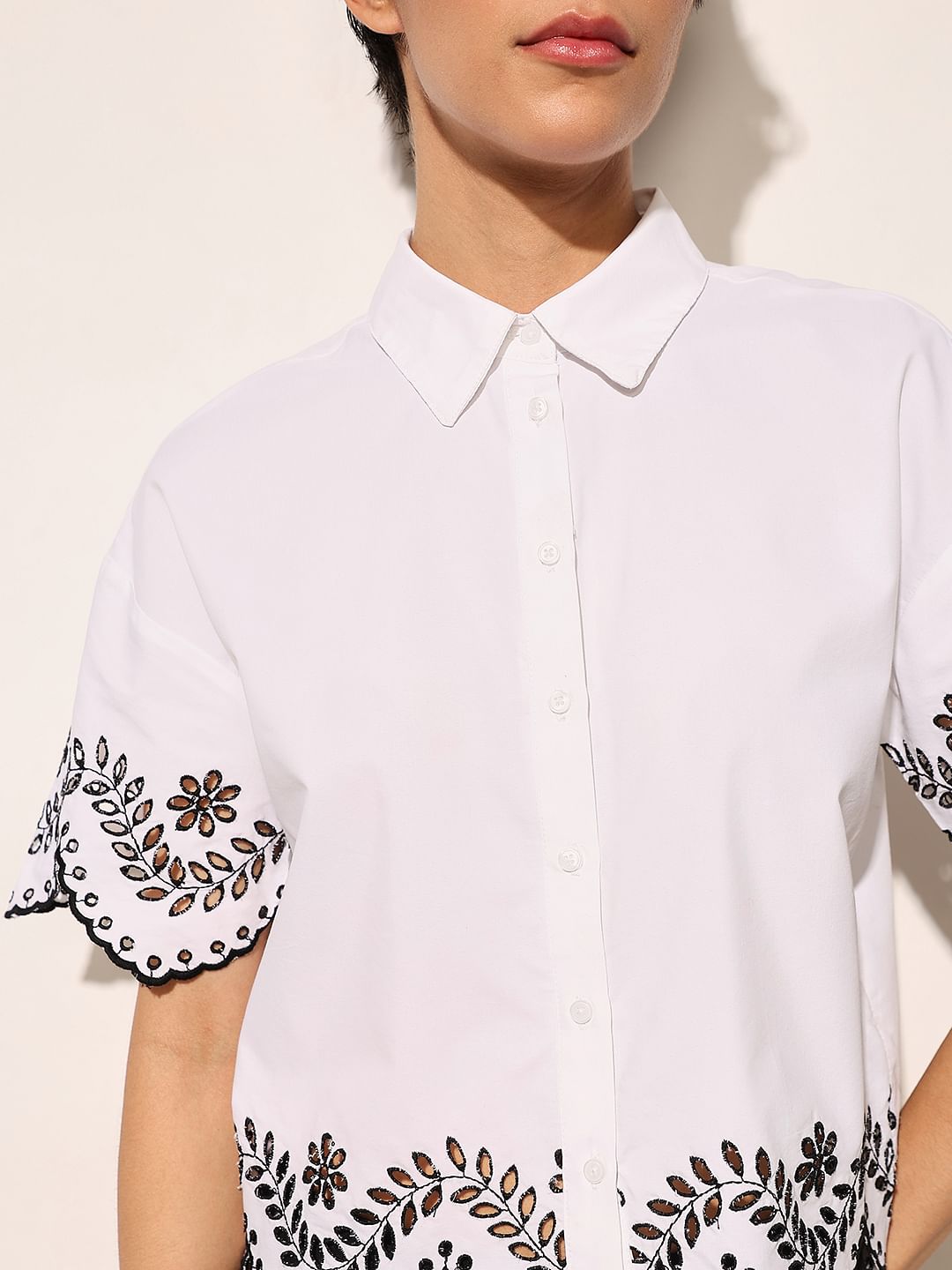 White Embroidered Cropped Shirt