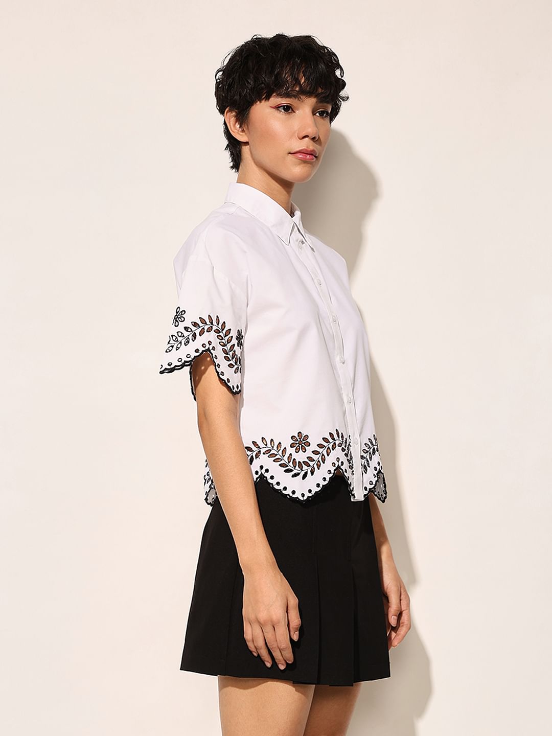 White Embroidered Cropped Shirt