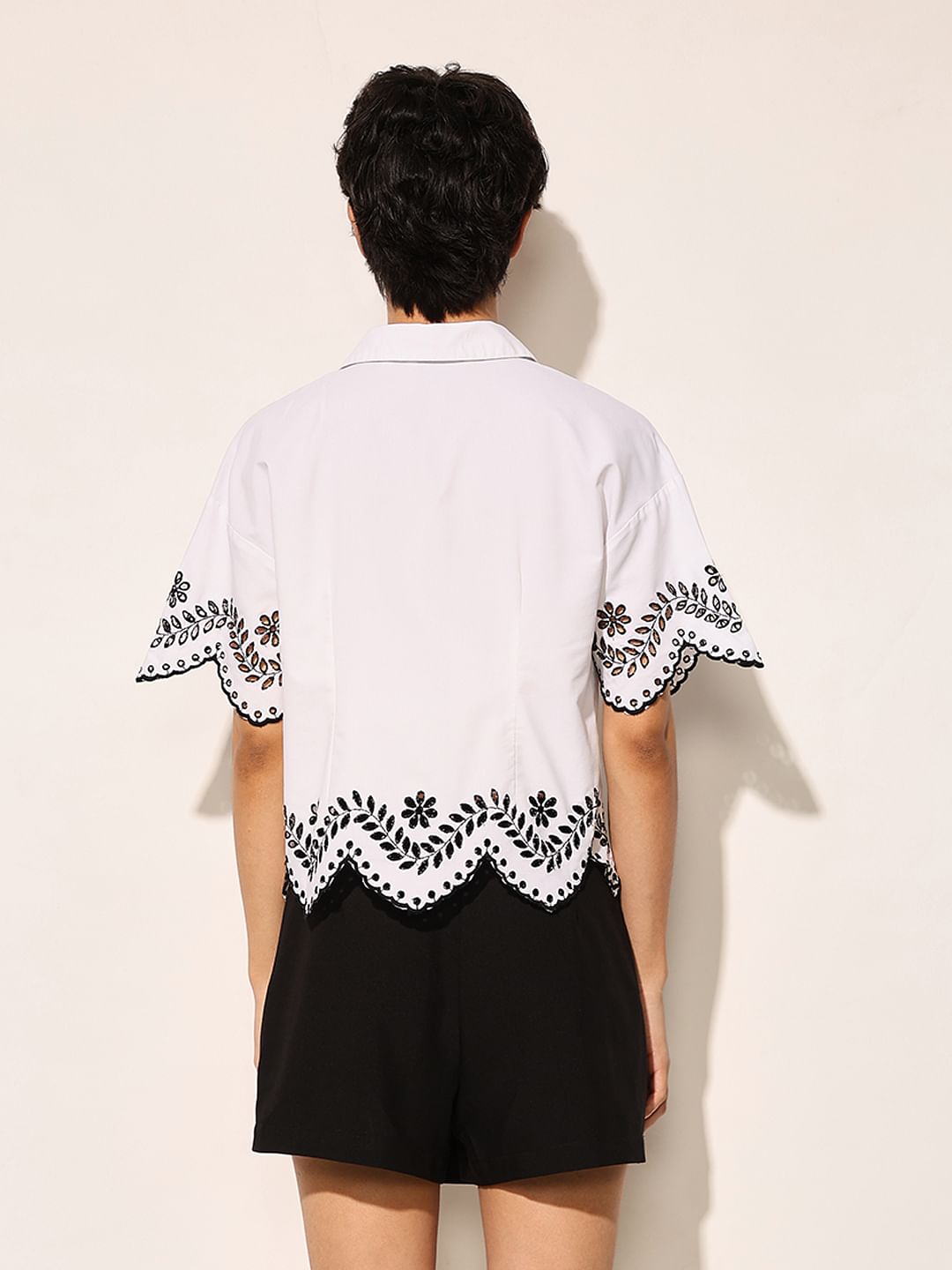 White Embroidered Cropped Shirt