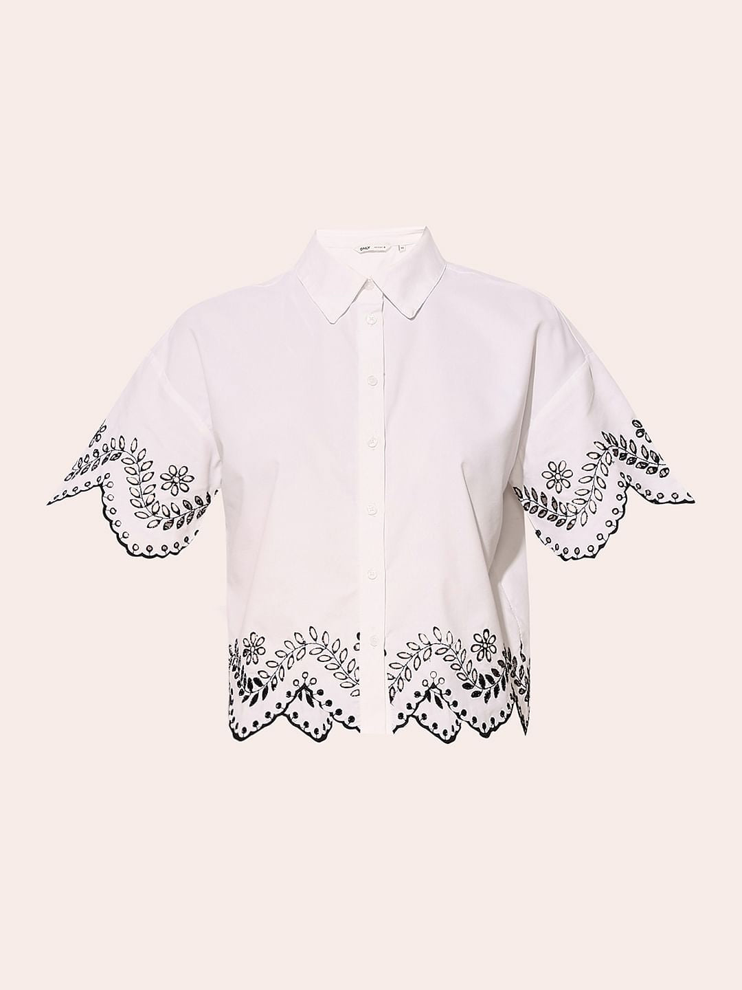 White Embroidered Cropped Shirt