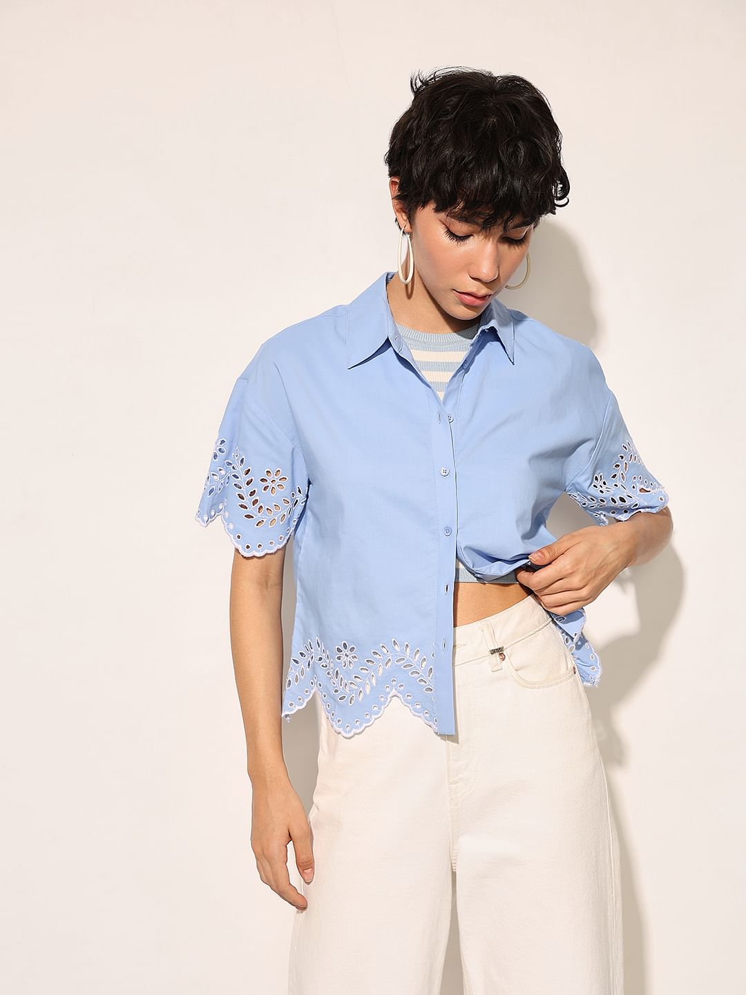 Blue Embroidered Cropped Shirt
