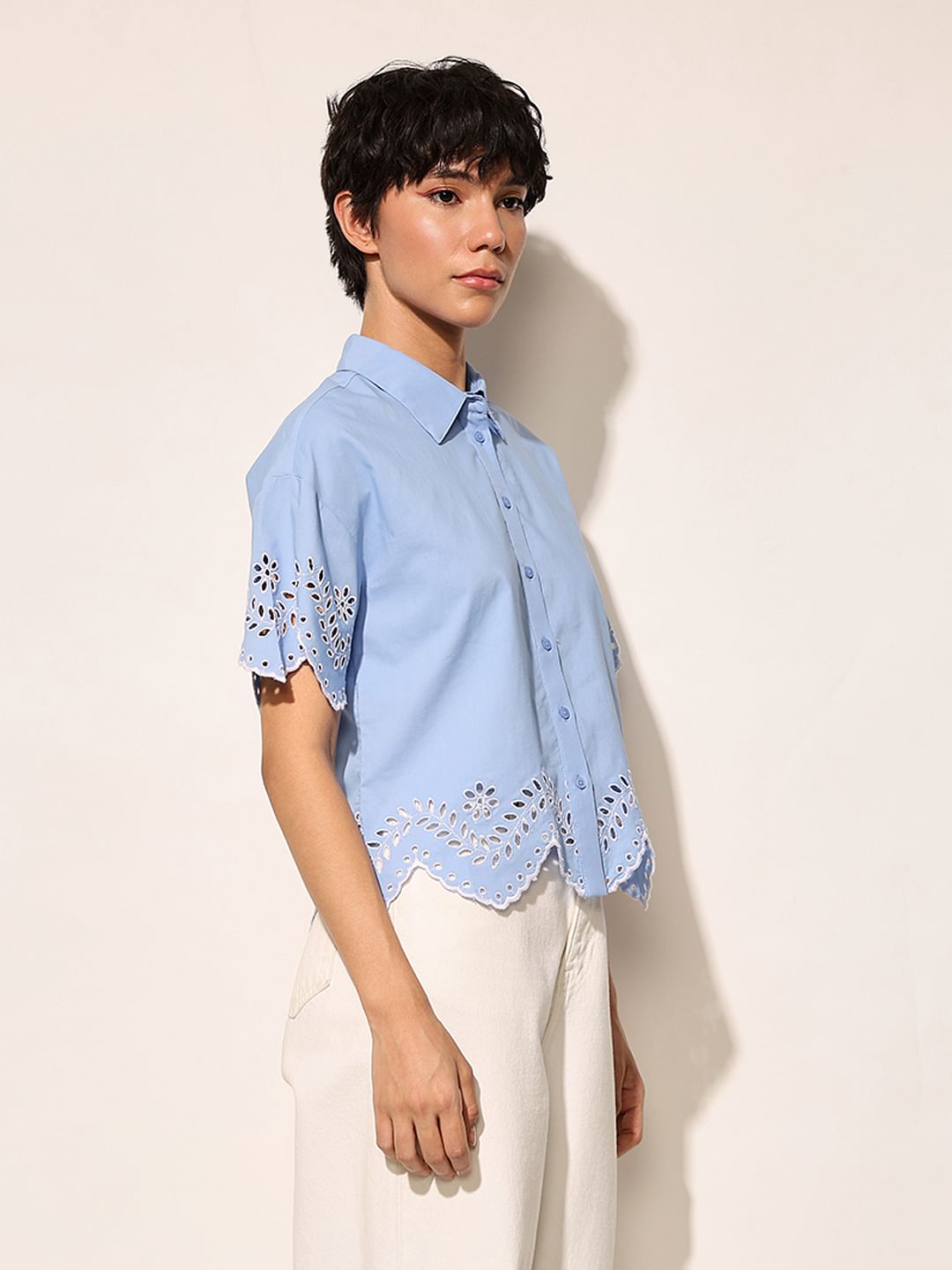 Blue Embroidered Cropped Shirt