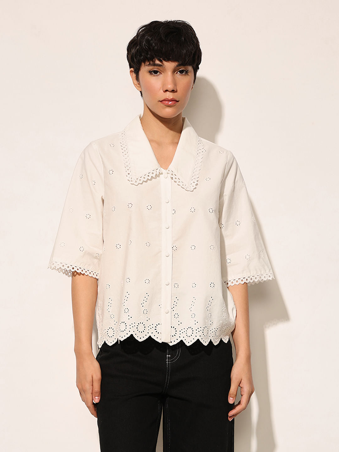 White Flared Sleeves Cotton Shirt