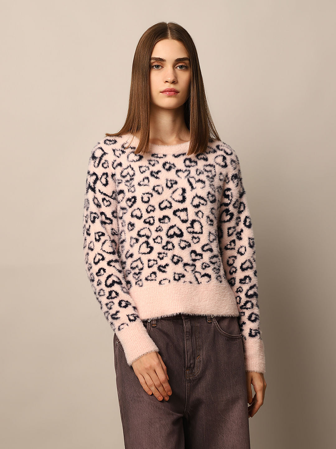 Pink Fluffy Jacquard Pullover