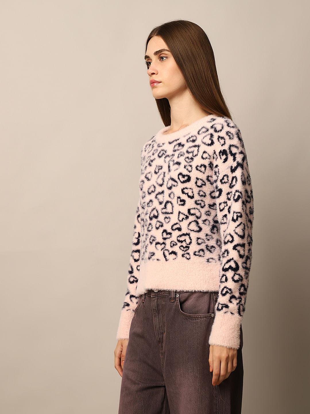 Pink Fluffy Jacquard Pullover