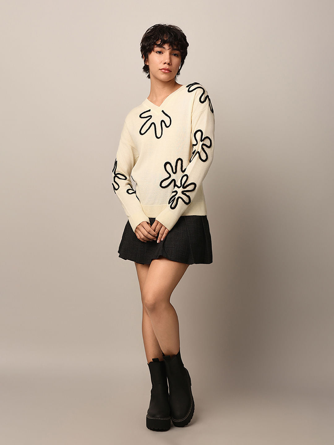 Cream Jacquard Knit Pullover