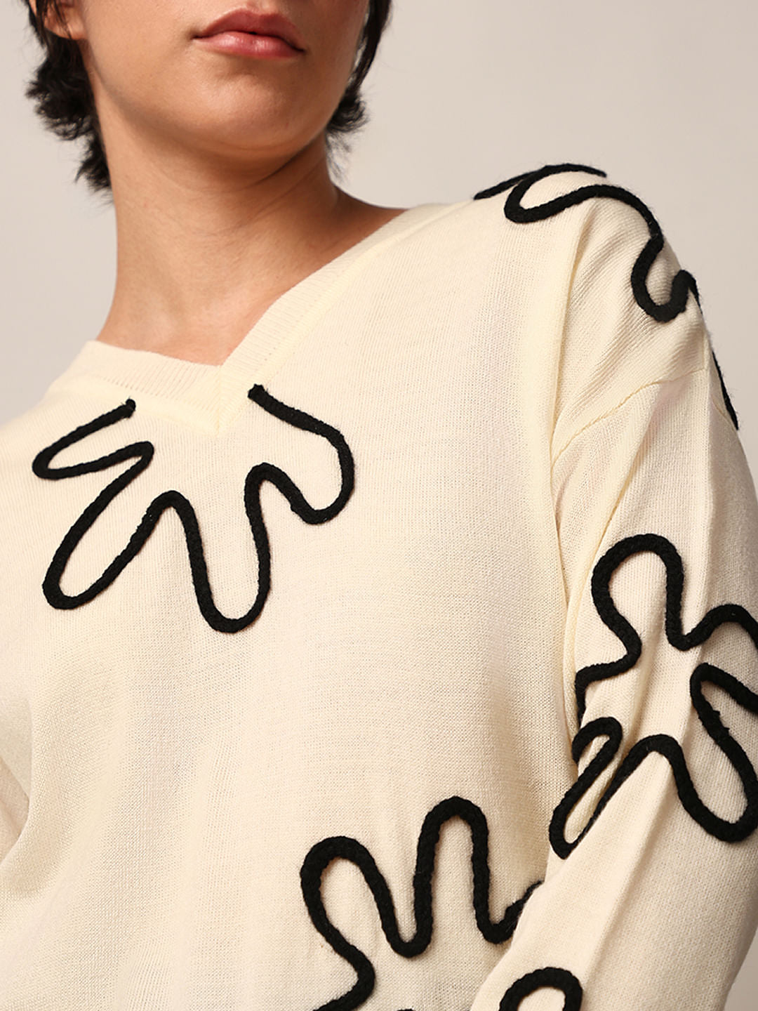 Cream Jacquard Knit Pullover