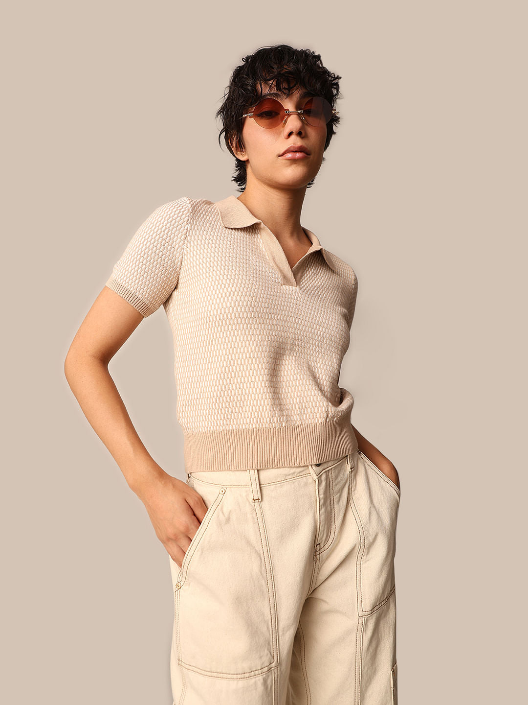 BEIGE JACQUARD KNIT POLO PULLOVER