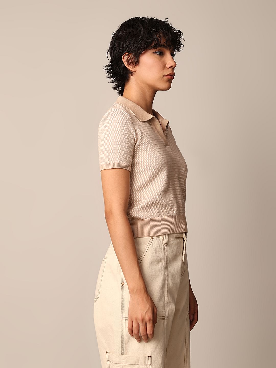 Beige Jacquard Knit Polo Pullover